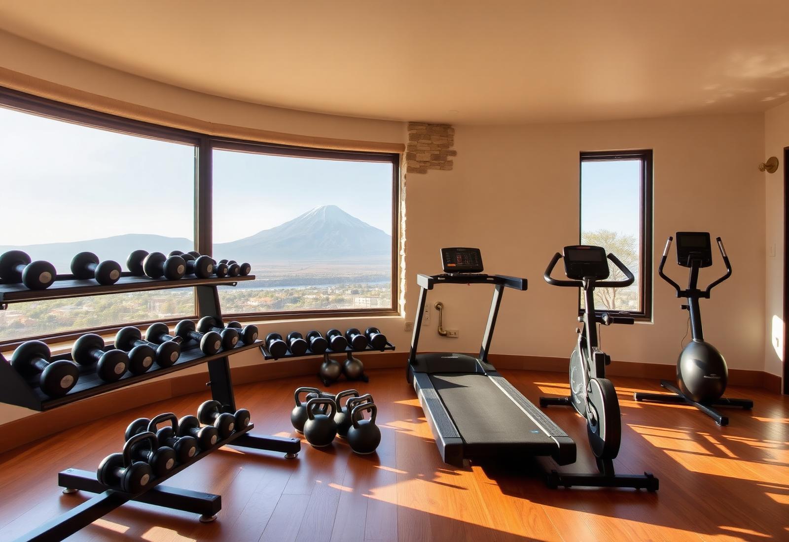 Fitness studio with free weights and cardio equipment, mountain view