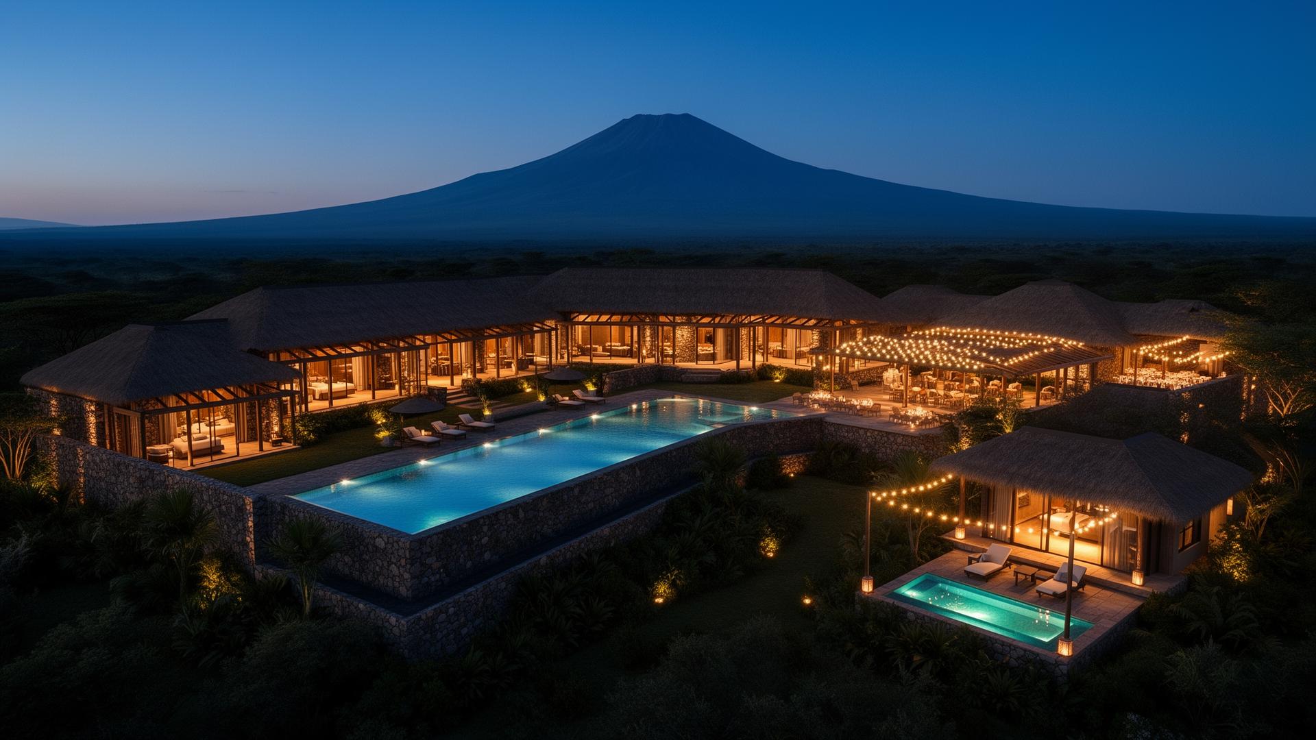The fully expanded resort illuminated at dusk